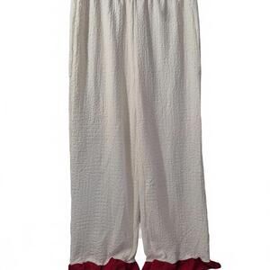 Ladies Cream Colored Wide Leg Red Ruffled Hem Pull On Pants Crinkle